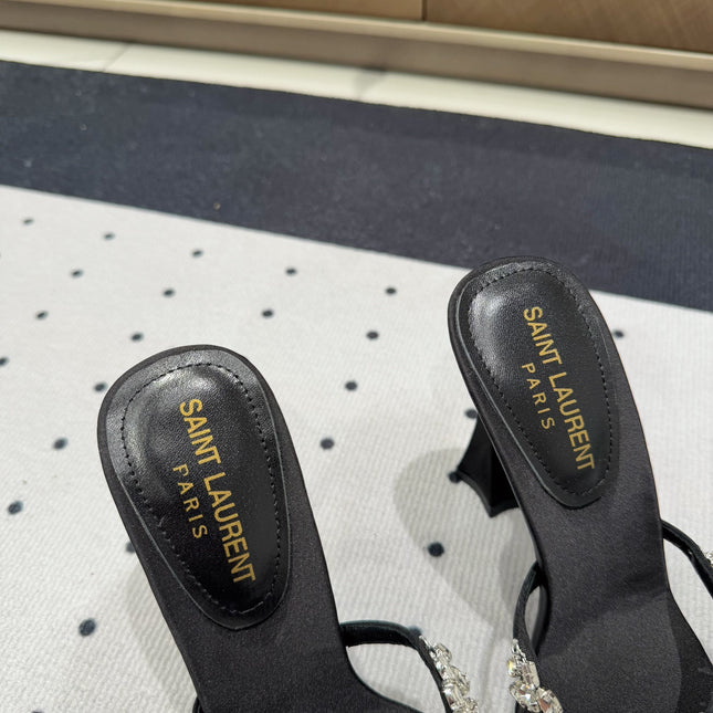 HIGH RHINESTONE CROSS STRAP MULES IN BLACK SILK