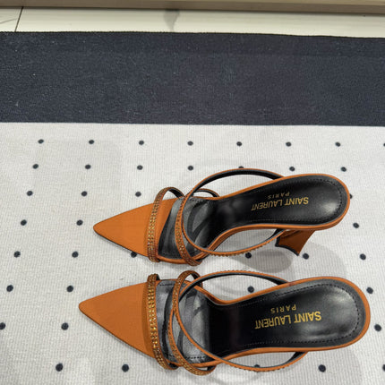 HIGH CRYSTAL STRAP SANDALS IN SANDSTONE SILK