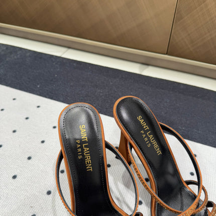 HIGH CRYSTAL STRAP SANDALS IN SANDSTONE SILK