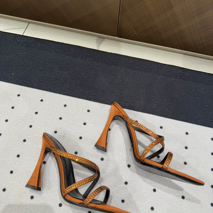 HIGH CRYSTAL STRAP SANDALS IN SANDSTONE SILK