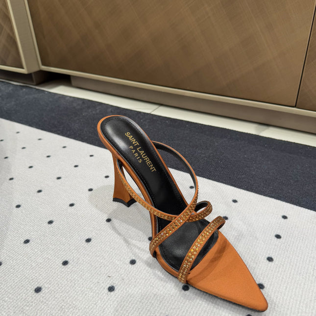 HIGH CRYSTAL STRAP SANDALS IN SANDSTONE SILK