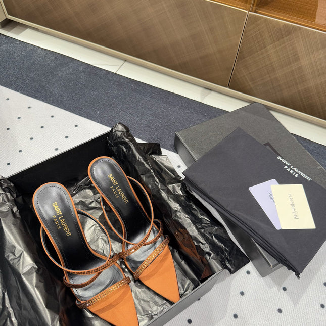 HIGH CRYSTAL STRAP SANDALS IN SANDSTONE SILK