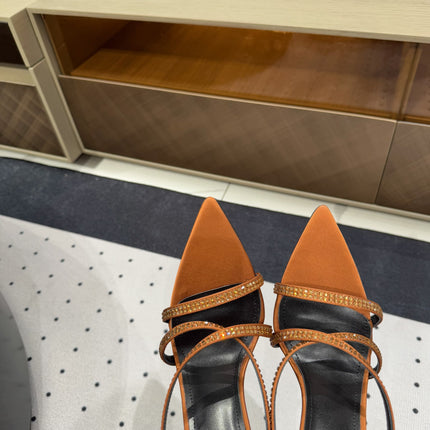 HIGH CRYSTAL STRAP SANDALS IN SANDSTONE SILK