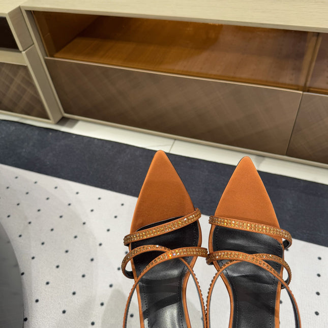 HIGH CRYSTAL STRAP SANDALS IN SANDSTONE SILK