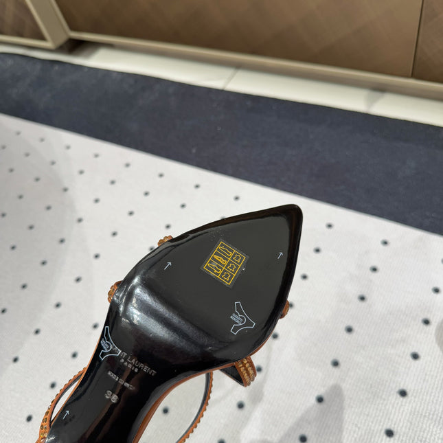 HIGH CRYSTAL STRAP SANDALS IN SANDSTONE SILK