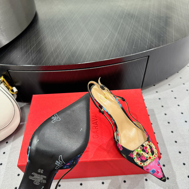 VLTN HIGH SLINGBACK 25S 80 MM IN BLACK MIX PINK FABRIC AND CALFSKIN