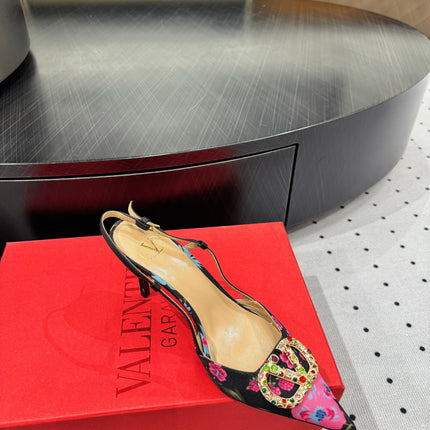 VLTN HIGH SLINGBACK 25S 80 MM IN BLACK MIX PINK FABRIC AND CALFSKIN