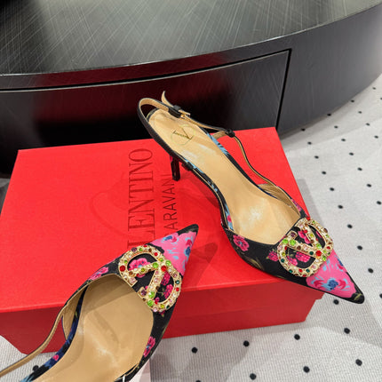 VLTN HIGH SLINGBACK 25S 80 MM IN BLACK MIX PINK FABRIC AND CALFSKIN