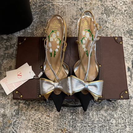 VLTN HIGH HEEL 25S 80 MM IN BLACK FABRIC MIX SILVER CALFSKIN WITH BOW