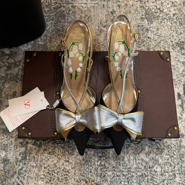 VLTN HIGH HEEL 25S 80 MM IN BLACK FABRIC MIX SILVER CALFSKIN WITH BOW