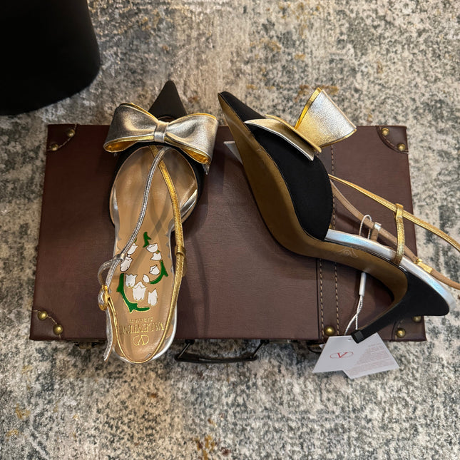 VLTN HIGH HEEL 25S 80 MM IN BLACK FABRIC MIX SILVER CALFSKIN WITH BOW