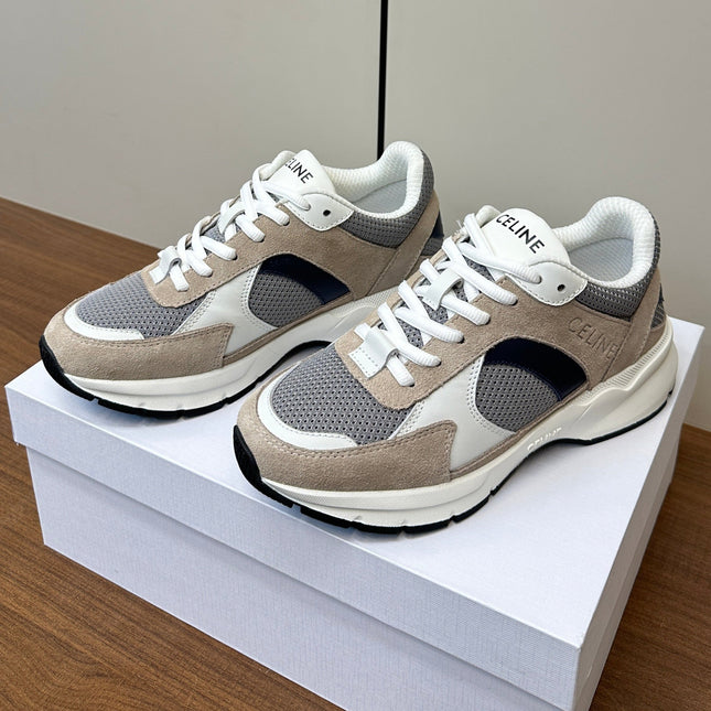 RUNNER CR-03 LOW LACE-UP SNEAKER IN PEANUT BROWN SUEDE AND WHITE CALFSKIN