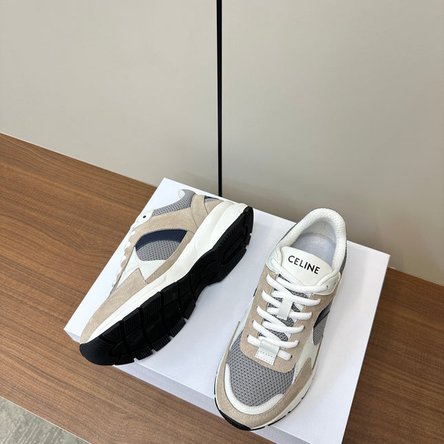 RUNNER CR-03 LOW LACE-UP SNEAKER IN PEANUT BROWN SUEDE AND WHITE CALFSKIN