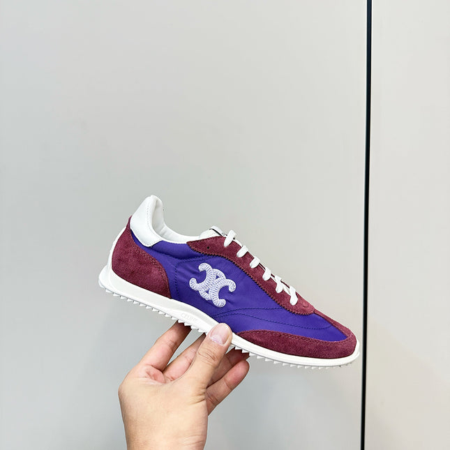 CELINE 25S RACER LOW TOP SNEAKER IN ROYAL PURPLE AND RED NYLON AND SUEDE