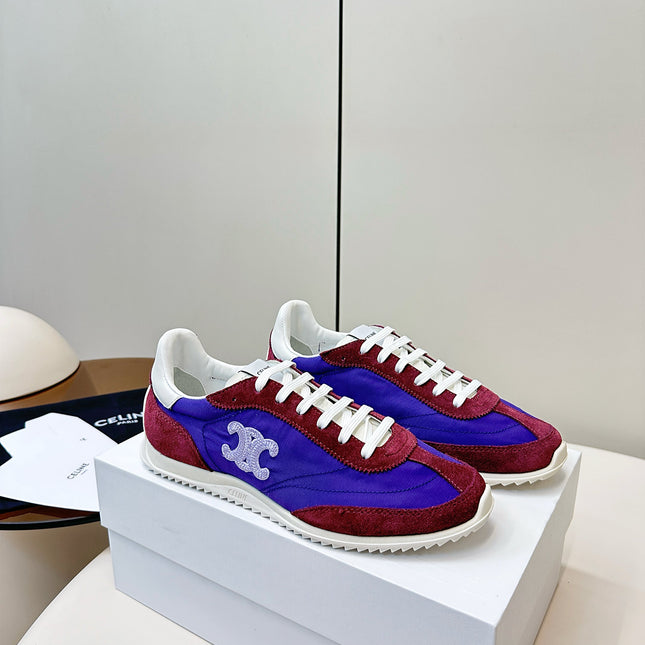 CELINE 25S RACER LOW TOP SNEAKER IN ROYAL PURPLE AND RED NYLON AND SUEDE