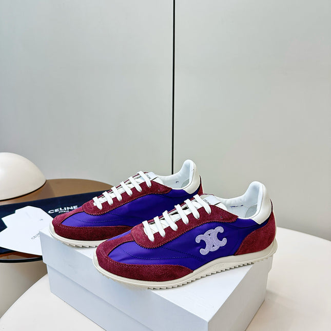 CELINE 25S RACER LOW TOP SNEAKER IN ROYAL PURPLE AND RED NYLON AND SUEDE