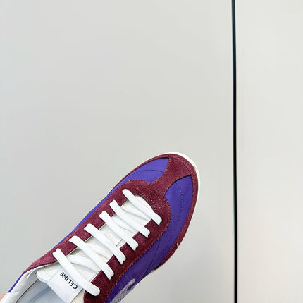 CELINE 25S RACER LOW TOP SNEAKER IN ROYAL PURPLE AND RED NYLON AND SUEDE