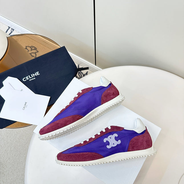 CELINE 25S RACER LOW TOP SNEAKER IN ROYAL PURPLE AND RED NYLON AND SUEDE
