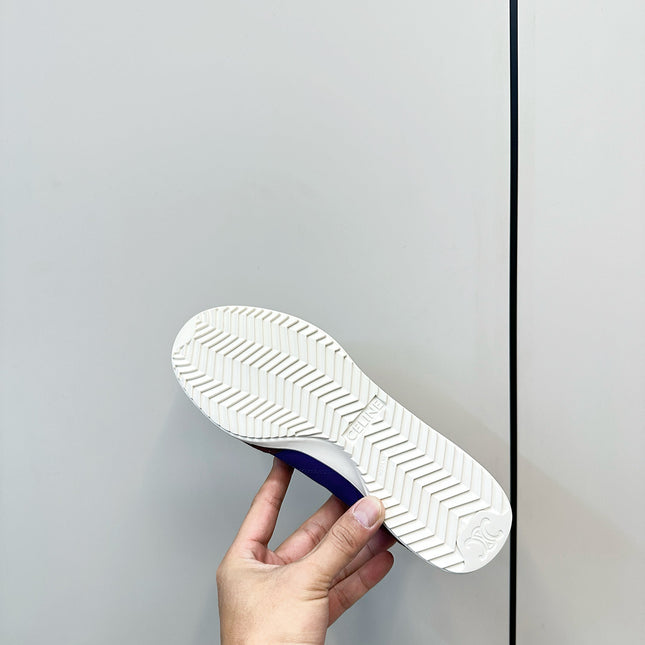 CELINE 25S RACER LOW TOP SNEAKER IN ROYAL PURPLE AND RED NYLON AND SUEDE