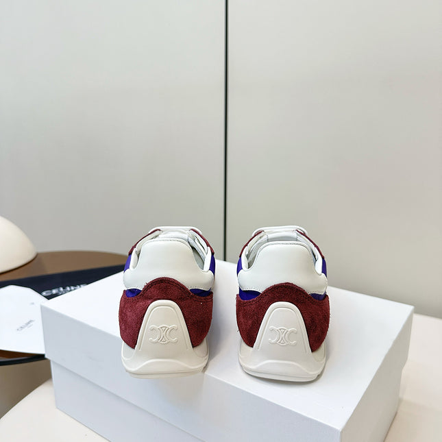 CELINE 25S RACER LOW TOP SNEAKER IN ROYAL PURPLE AND RED NYLON AND SUEDE