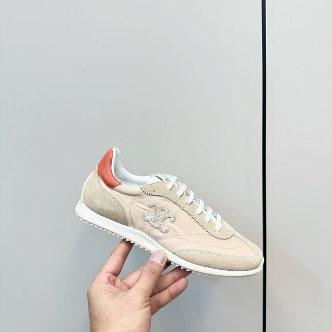 CELINE 25S RACER LOW TOP SNEAKER IN BEIGE AND LIGHT GRAY NYLON AND SUEDE