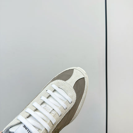 CELINE 25S RACER LOW TOP SNEAKER IN CREAM AND TAUPE GRAY NYLON AND SUEDE