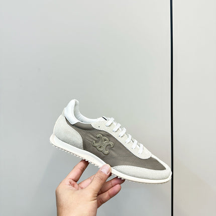 CELINE 25S RACER LOW TOP SNEAKER IN CREAM AND TAUPE GRAY NYLON AND SUEDE