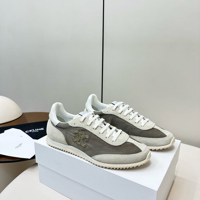 CELINE 25S RACER LOW TOP SNEAKER IN CREAM AND TAUPE GRAY NYLON AND SUEDE