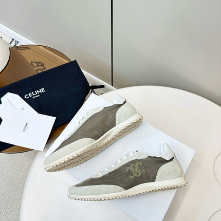 CELINE 25S RACER LOW TOP SNEAKER IN CREAM AND TAUPE GRAY NYLON AND SUEDE