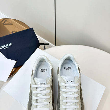 CELINE 25S RACER LOW TOP SNEAKER IN CREAM AND TAUPE GRAY NYLON AND SUEDE