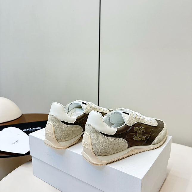 CELINE 25S RACER LOW TOP SNEAKER IN CREAM AND TAUPE GRAY NYLON AND SUEDE