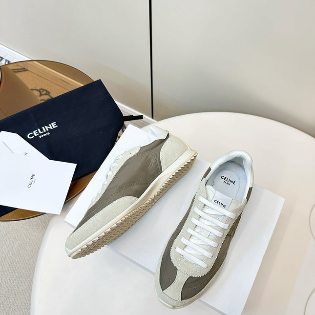 CELINE 25S RACER LOW TOP SNEAKER IN CREAM AND TAUPE GRAY NYLON AND SUEDE