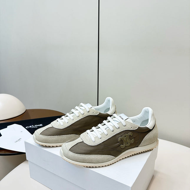 CELINE 25S RACER LOW TOP SNEAKER IN CREAM AND TAUPE GRAY NYLON AND SUEDE