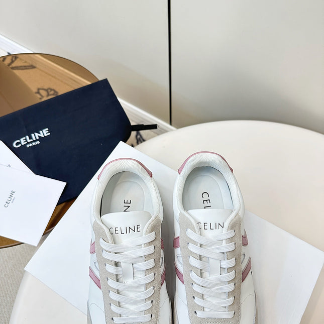 CELINE 25S JOGGER LOW LACE UP SNEAKER WITH TRIOMPHE IN WHITE GRAY SUEDE AND CALFSKIN