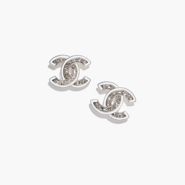 DOUBLE C STUD EARRINGS WITH WHITE TRIM AND CLEAR STONE LOGO