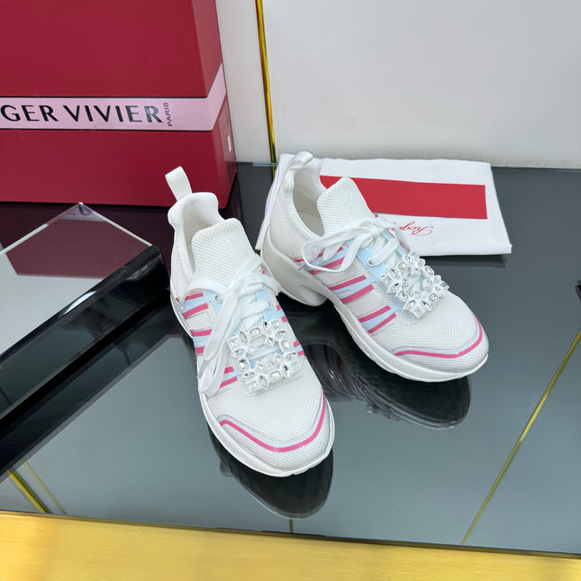 VIV' RUN SNEAKERS IN WHITE TECHNICAL FABRIC WITH PINK AND LIGHT BLUE CALFSKIN