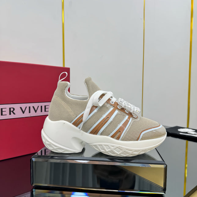 VIV' RUN SNEAKERS IN BEIGE TECHNICAL FABRIC WITH BROWN AND WHITE CALFSKIN