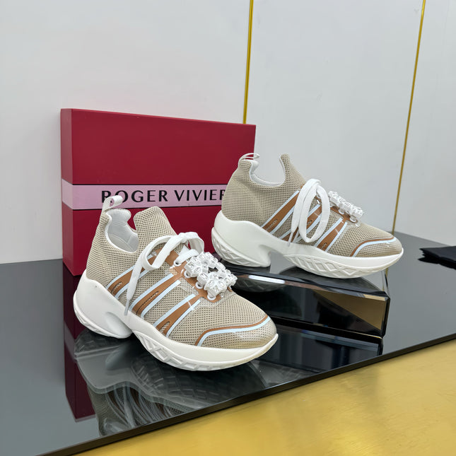 VIV' RUN SNEAKERS IN BEIGE TECHNICAL FABRIC WITH BROWN AND WHITE CALFSKIN