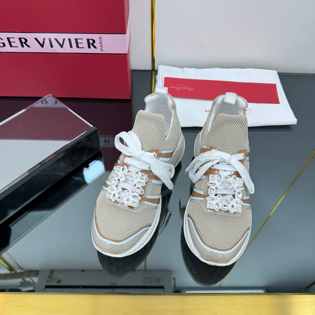 VIV' RUN SNEAKERS IN BEIGE TECHNICAL FABRIC WITH BROWN AND WHITE CALFSKIN