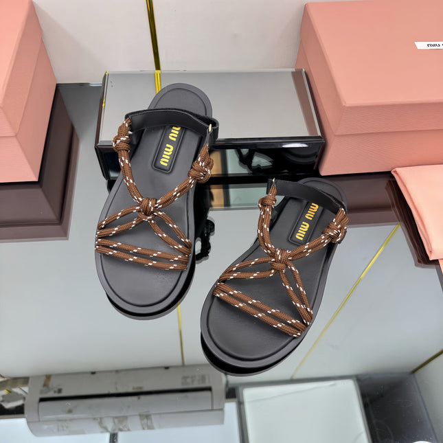 RIVIERE SANDALS IN BLACK CALFSKIN BROWN CORD