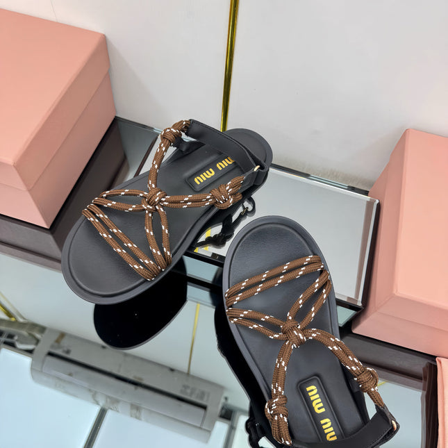 RIVIERE SANDALS IN BLACK CALFSKIN BROWN CORD