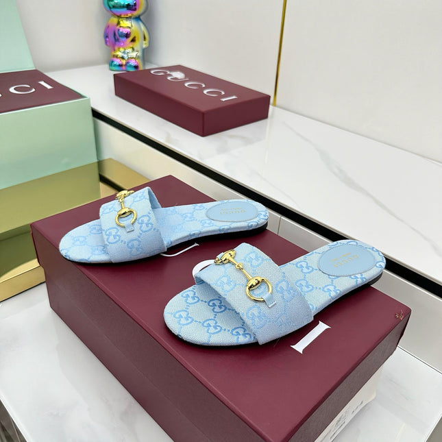 GG SLIDES IN BLUE WITH GOLD HARDWARE