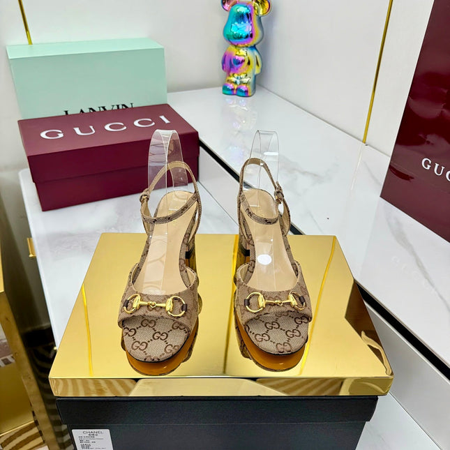 GG HEELED SANDALS 25S 65 MM IN DARK BEIGE CANVAS WITH GOLD HARDWARE