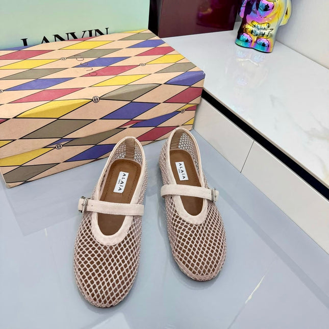 ALAIA MARY JANE FLAT 25S IN BLUSH BEIGE MESH SUEDE