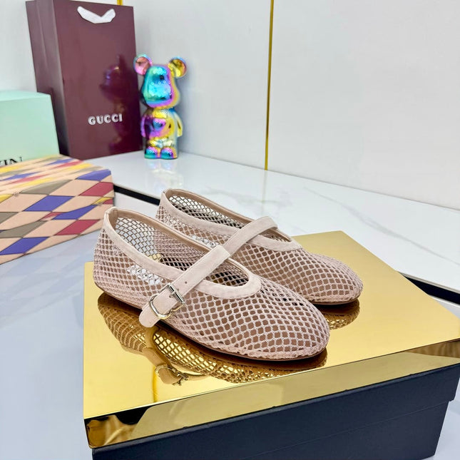 ALAIA MARY JANE FLAT 25S IN BLUSH BEIGE MESH SUEDE