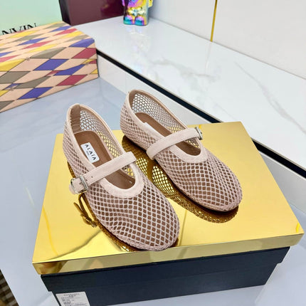 ALAIA MARY JANE FLAT 25S IN BLUSH BEIGE MESH SUEDE