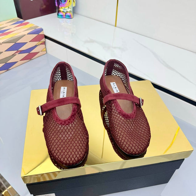 ALAIA MARY JANE FLAT 25S IN DARK RED MESH SUEDE