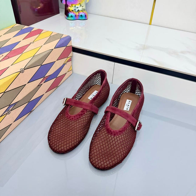 ALAIA MARY JANE FLAT 25S IN DARK RED MESH SUEDE