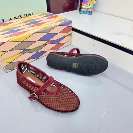 ALAIA MARY JANE FLAT 25S IN DARK RED MESH SUEDE
