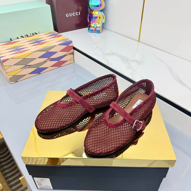 ALAIA MARY JANE FLAT 25S IN DARK RED MESH SUEDE